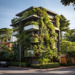 A captivating photo of a thriving green wall in an urban environment, showcasing the harmony between nature and the cityscape. Generative AI