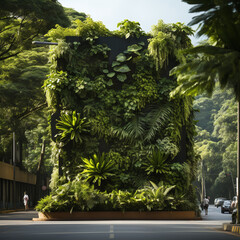 A captivating photo of a thriving green wall in an urban environment, showcasing the harmony between nature and the cityscape. Generative AI
