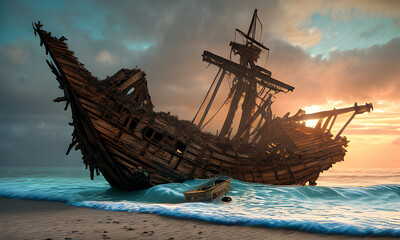 "Shipwrecked Haven". ultra-realistic artwork depicting a shipwreck on an enchanted island.