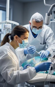 Dentists in white coats and with sanitary caps and mask are doing an operation