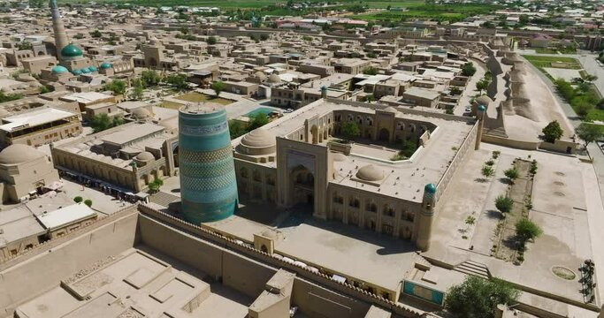 Aerial View Of Ichon-Qala, Walled Inner Town Of The City Of Khiva, Uzbekistan, Central Asia.