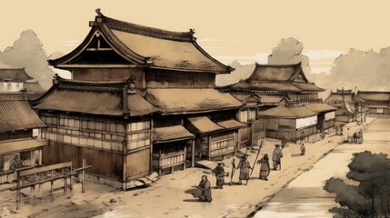 Illustration of feudal japan village, Generative AI
