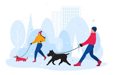 People walking with dogs in a winter city park. Pet owners walk their dogs on a leash. Dog walking month. Animal shelter, adoption, friendship, pet care, dog lovers concet. Flat Vector illustration  