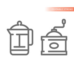 Retro coffee grinder and French press line icons. Vintage coffee maker and mill vector icon set.