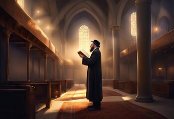 Religious jew reading torah in synagogue by candlelight, Judaism Passover - obrazy, fototapety, plakaty