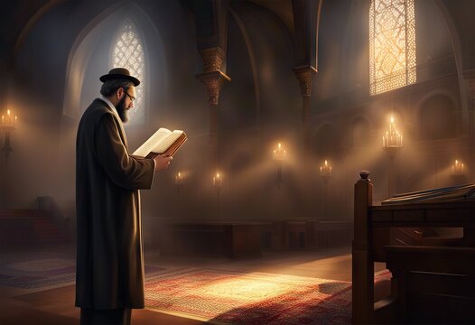 Religious jew reading torah in synagogue by candlelight, Judaism Passover
