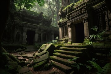 Generative AI illustration of ancient temple ruins in asian jungle, Generative AI