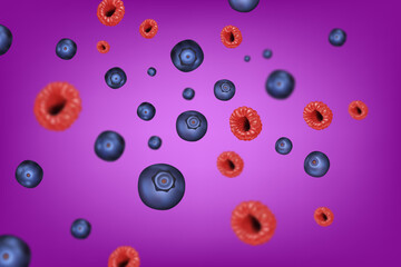 Berry background. Vector illustration of raspberries and blueberries. Juicy berry mix on a bright background. Realism. Berries in motion with blur effect.