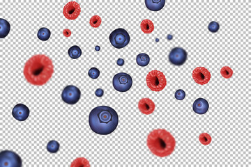 Berry background. Vector illustration of raspberries and blueberries. Juicy berry mix on a transparent background. Realism. Berries in motion with blur effect.