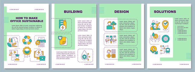 Sustainable office green brochure template, leaflet design with thin linear icons, 4 vector layouts.