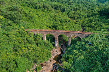 Aerial view of train and railway on Hai Van pass, Thua Thien Hue area, Vietnam