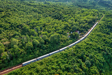 Aerial view of train and railway on Hai Van pass, Thua Thien Hue area, Vietnam