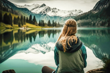 Blonde woman sitting in front of a Swiss lake landscape. Travel and adventure. - obrazy, fototapety, plakaty