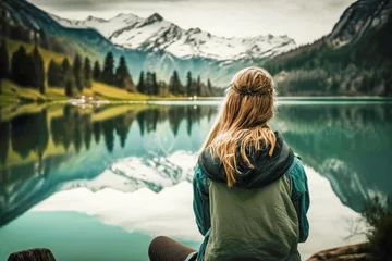 Keuken foto achterwand Alpen Blonde woman sitting in front of a Swiss lake landscape. Travel and adventure.