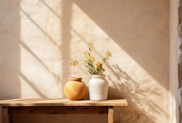 A vase and pot sitting on a table on the window sill