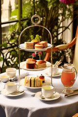 Afternoon tea in the restaurant garden, English tradition and luxury service, tea cups, cakes, scones, sanwiches and desserts, holiday table decor and afternoon tea stand, generative ai
