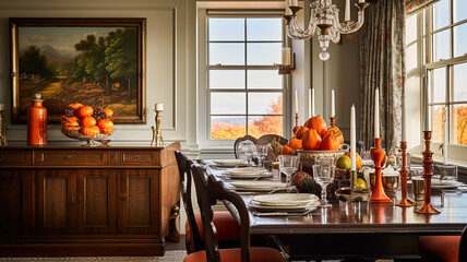 Dining room decor, interior design and autumn holiday celebration, elegant autumnal table decoration with candles and flowers, home decor and country cottage style