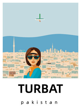 Turbat: Flat design tourism poster with a cityscape of Turbat (Pakistan)