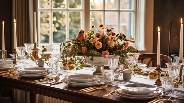 Autumn Holiday Tablescape, Formal Dinner Table Setting, Table Scape With Elegant Autumnal Floral Decor For Wedding Party And Event Decoration