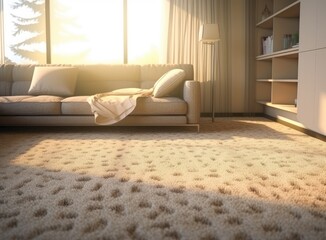 Living room interior with stylish furniture, focus on soft carpet. Created with Generative AI technology.
