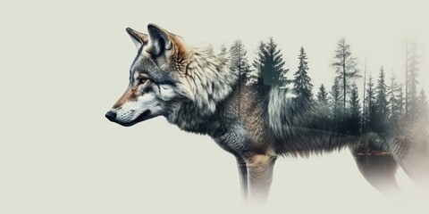 Generative AI illustration of wolf and forest double exposure, Generative AI