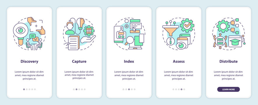2D linear icons representing knowledge management mobile app screen set. 5 steps graphic instructions, UI, UX, GUI template.