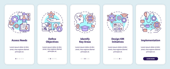 2D line icons representing knowledge management mobile app screen set. 5 steps graphic instructions, UI, UX, GUI template.