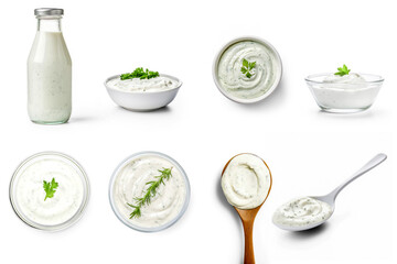 Set of ranch sauce top view,  side view, in spoon, in a bottle isolated on transparent 