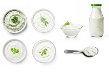 Set of ranch sauce top view,  side view, in spoon, in a bottle isolated on transparent 