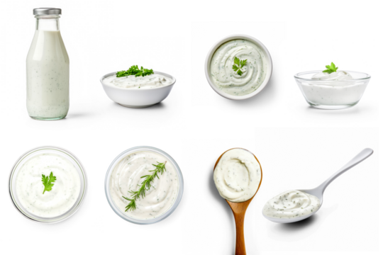 Set of ranch sauce top view,  side view, in spoon, in a bottle isolated on transparent 
