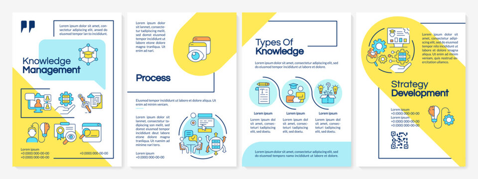 Knowledge management multicolor brochure template, leaflet design with thin linear icons, 4 vector layouts.