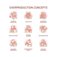 2D editable red icons set representing overproduction concepts, isolated vector, thin line colorful illustration.