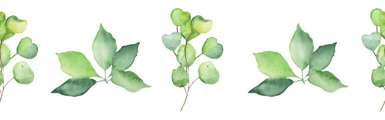 Fototapeta premium Seamless border green leaves trees and branches, foliage of natural branches, green leaves, herbs, tropical plants hand drawn watercolor on white background.