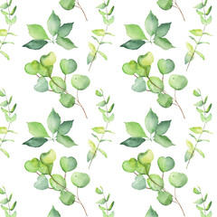 Obraz premium Seamless pattern green leaves trees and branches, foliage of natural branches, green leaves, herbs, tropical plants hand drawn watercolor on white background.