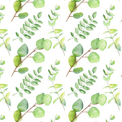 Seamless pattern green leaves trees and branches, foliage of natural branches, green leaves, herbs, tropical plants hand drawn watercolor on white background.