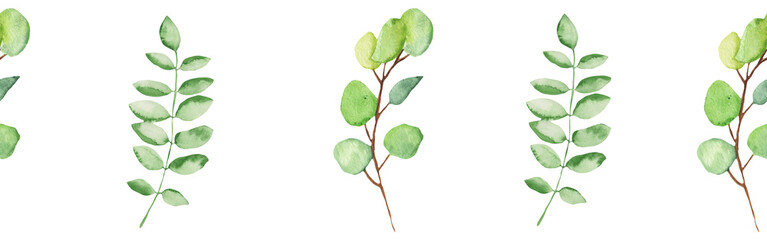 Fototapeta premium Seamless border green leaves trees and branches, foliage of natural branches, green leaves, herbs, tropical plants hand drawn watercolor on white background.