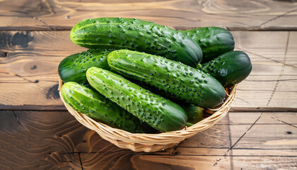 Cucumber basket on wooden background
