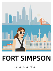 Fort Simpson: Flat design tourism poster with a cityscape of Fort Simpson (Canada)