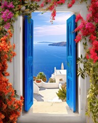 Naklejka premium blue door of a greek house leading out to the sea - created using generative AI tools