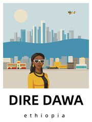 Dire Dawa: Flat design tourism poster with a cityscape of Dire Dawa (Ethiopia) - obrazy, fototapety, plakaty