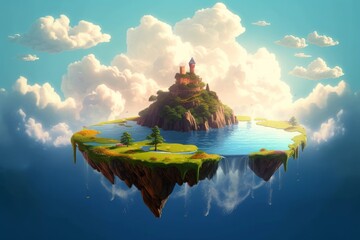 Generative AI illustration of floating island fantasy landscape, Generative AI