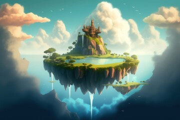 Obraz premium Generative AI illustration of floating island fantasy landscape, Generative AI