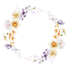 Obraz na płótnie Canvas Summer wreath with wild flowers isolated on white background