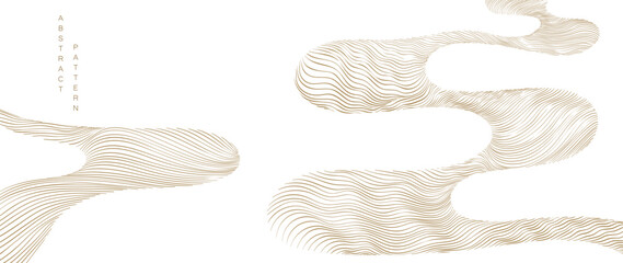 Abstract art landscape background with hand drawn  line pattern vector. Japanese oriental wave template in oriental style.