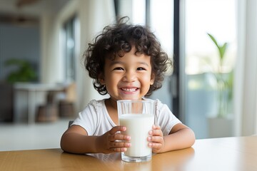 Portrait of an Asian little cute kid drinking milk from a glass with a smile. - obrazy, fototapety, plakaty
