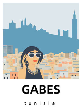 Gabes: Flat design tourism poster with a cityscape of Gabes (Tunisia)