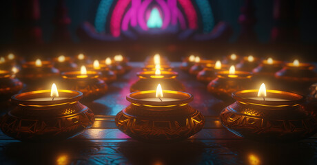 Happy Diwali, Glowing oil lamp - Generative AI