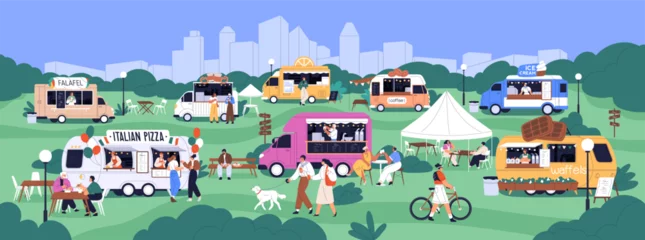 Foto auf Acrylglas Cartoon-Autos Street food festival in city park. Trucks, mobile cafes in auto, vans with takeaway snacks. People at public fair with car kiosks on summer holiday. Urban fest panorama. Flat vector illustration