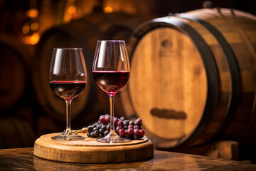 A glass of red wine with grapes and an old wine barrel. AI generation