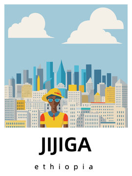 Jijiga: Flat design tourism poster with a cityscape of Jijiga (Ethiopia)